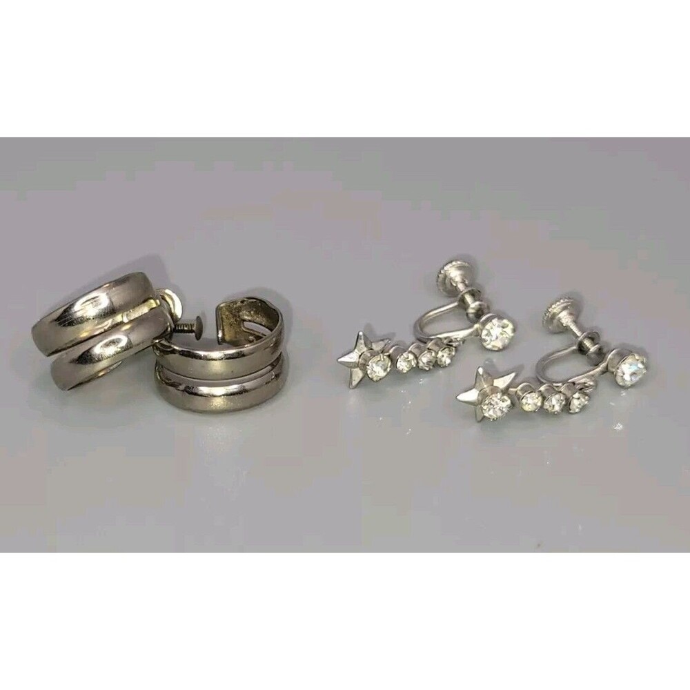 Vtg Lot 2 Silver Tone Screw Back Earrings Rhinestone Star Dangle Double Hoops